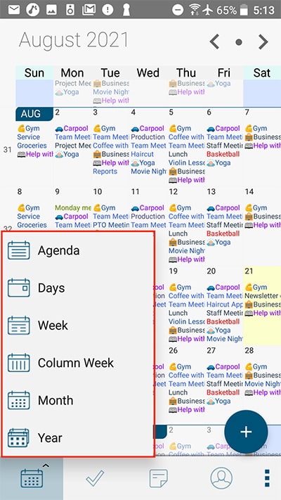 Calendar View Menu